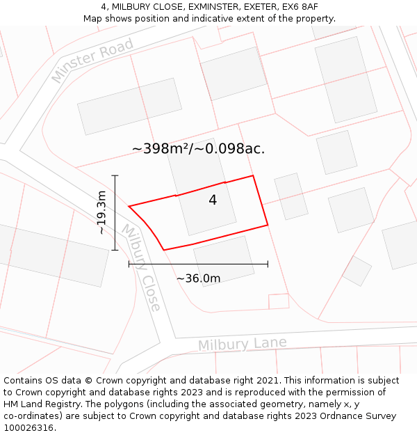 4, MILBURY CLOSE, EXMINSTER, EXETER, EX6 8AF: Plot and title map