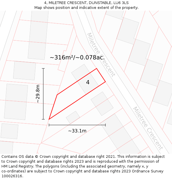 4, MILETREE CRESCENT, DUNSTABLE, LU6 3LS: Plot and title map