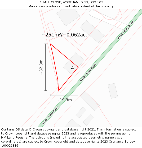 4, MILL CLOSE, WORTHAM, DISS, IP22 1PR: Plot and title map