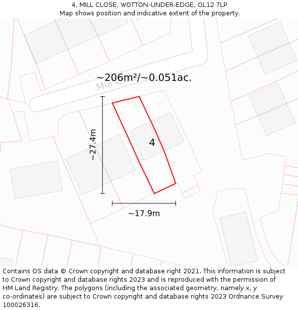 4, MILL CLOSE, WOTTON-UNDER-EDGE, GL12 7LP: Plot and title map