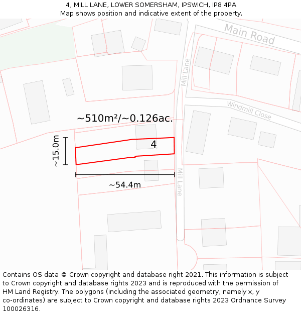 4, MILL LANE, LOWER SOMERSHAM, IPSWICH, IP8 4PA: Plot and title map