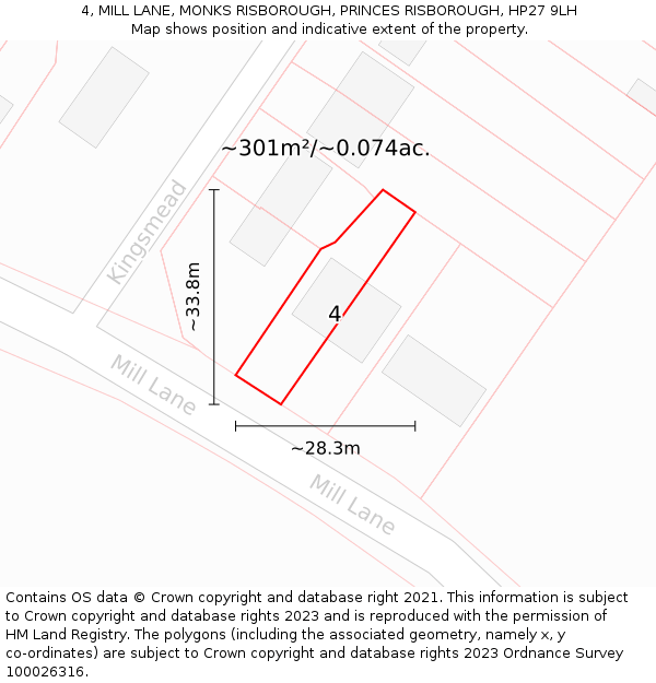 4, MILL LANE, MONKS RISBOROUGH, PRINCES RISBOROUGH, HP27 9LH: Plot and title map