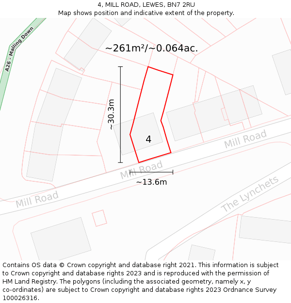 4, MILL ROAD, LEWES, BN7 2RU: Plot and title map