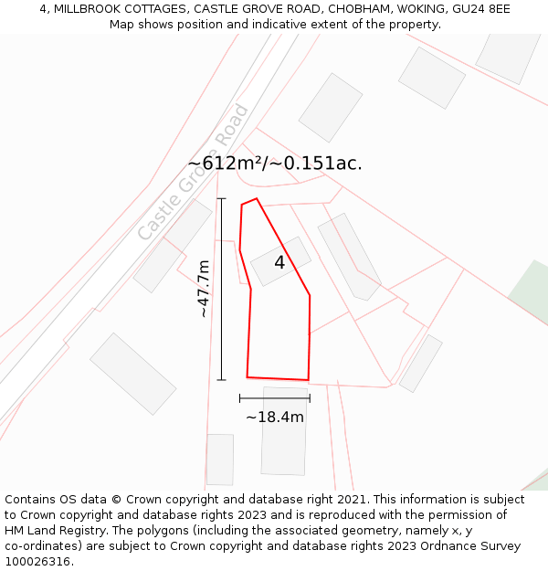4, MILLBROOK COTTAGES, CASTLE GROVE ROAD, CHOBHAM, WOKING, GU24 8EE: Plot and title map