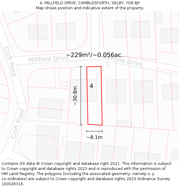 4, MILLFIELD DRIVE, CAMBLESFORTH, SELBY, YO8 8JY: Plot and title map
