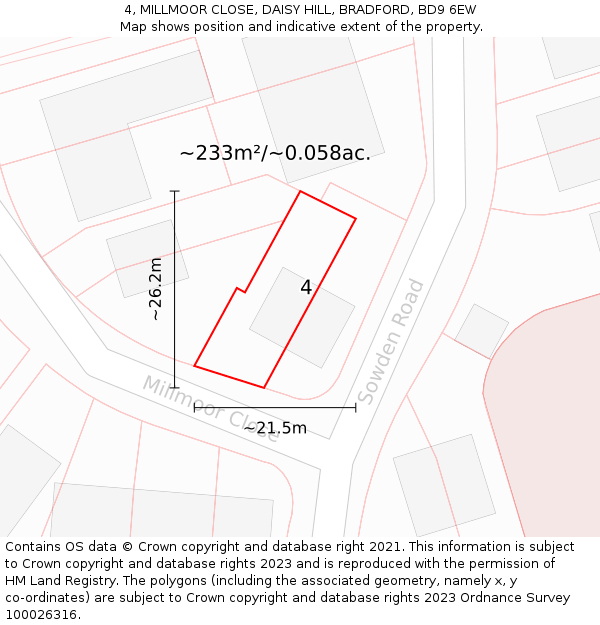 4, MILLMOOR CLOSE, DAISY HILL, BRADFORD, BD9 6EW: Plot and title map