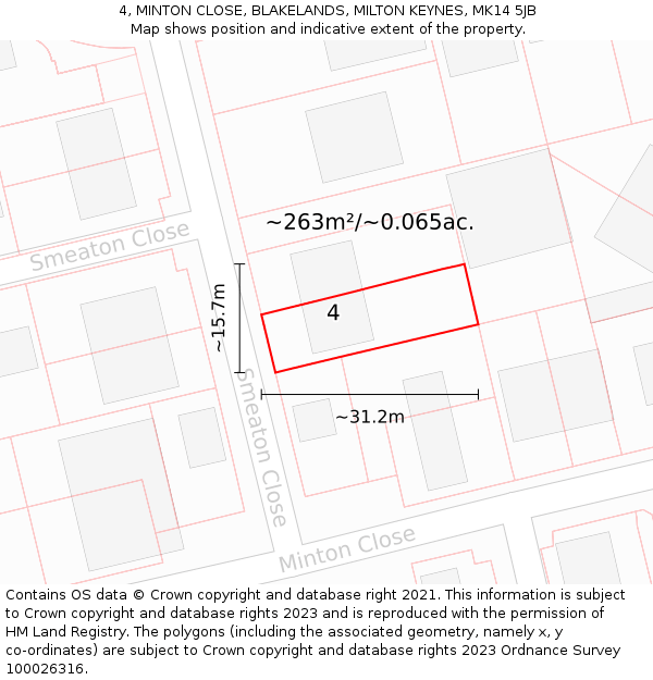 4, MINTON CLOSE, BLAKELANDS, MILTON KEYNES, MK14 5JB: Plot and title map