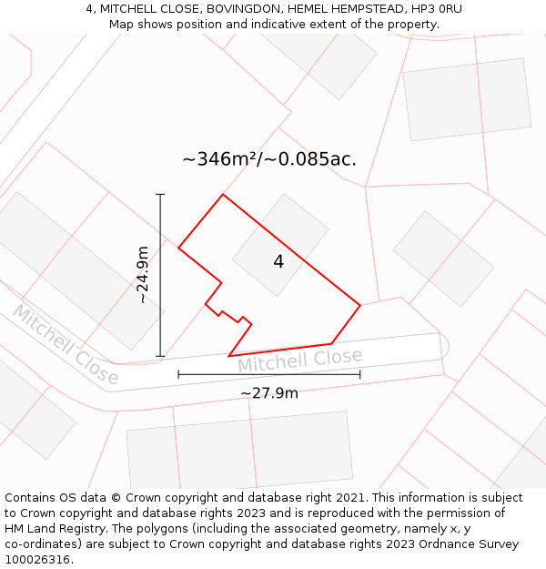 4, MITCHELL CLOSE, BOVINGDON, HEMEL HEMPSTEAD, HP3 0RU: Plot and title map