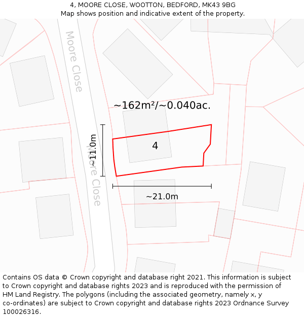 4, MOORE CLOSE, WOOTTON, BEDFORD, MK43 9BG: Plot and title map