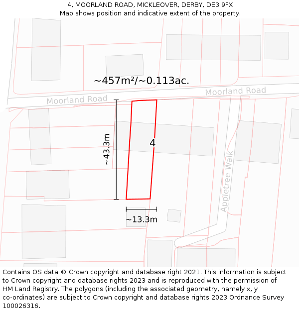 4, MOORLAND ROAD, MICKLEOVER, DERBY, DE3 9FX: Plot and title map