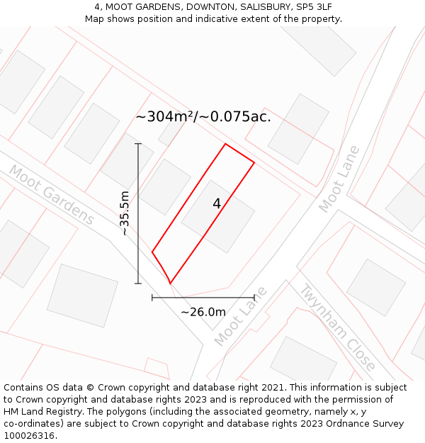 4, MOOT GARDENS, DOWNTON, SALISBURY, SP5 3LF: Plot and title map