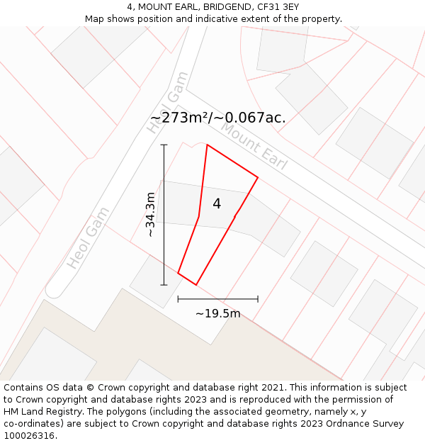 4, MOUNT EARL, BRIDGEND, CF31 3EY: Plot and title map