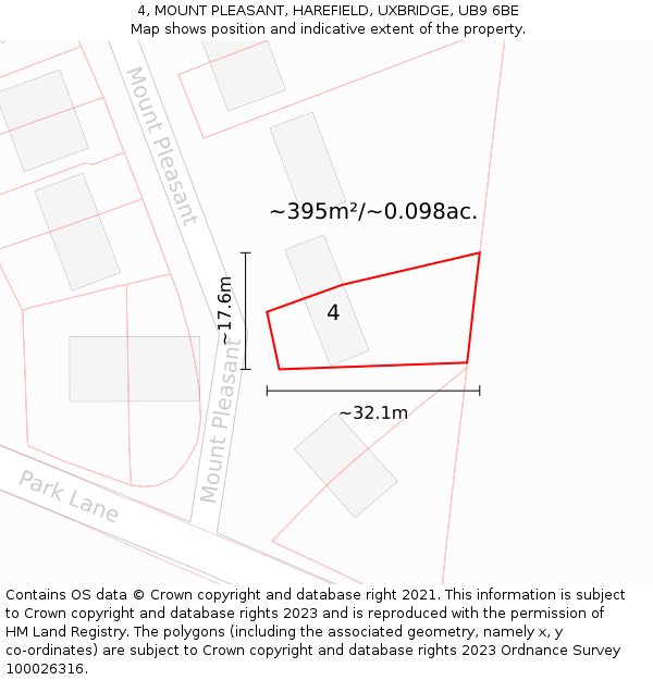 4, MOUNT PLEASANT, HAREFIELD, UXBRIDGE, UB9 6BE: Plot and title map