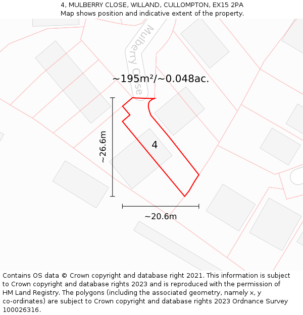 4, MULBERRY CLOSE, WILLAND, CULLOMPTON, EX15 2PA: Plot and title map