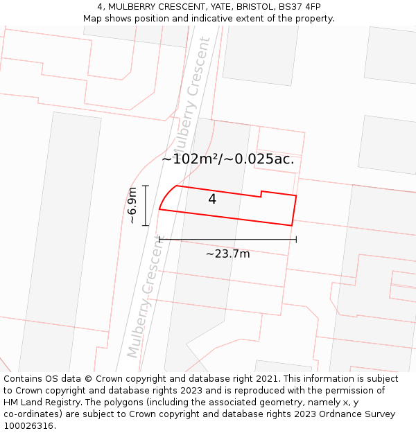 4, MULBERRY CRESCENT, YATE, BRISTOL, BS37 4FP: Plot and title map