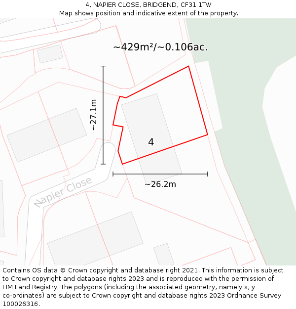 4, NAPIER CLOSE, BRIDGEND, CF31 1TW: Plot and title map
