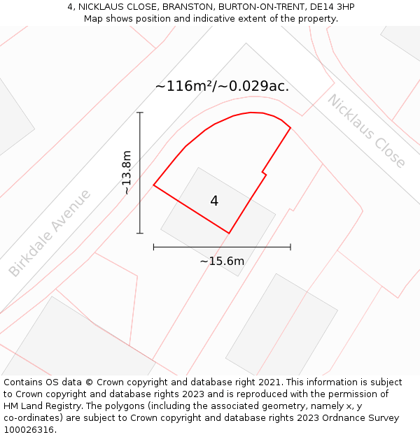 4, NICKLAUS CLOSE, BRANSTON, BURTON-ON-TRENT, DE14 3HP: Plot and title map