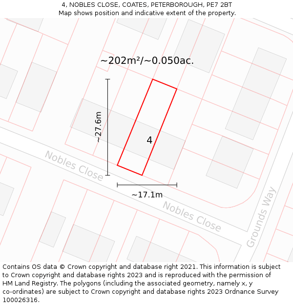 4, NOBLES CLOSE, COATES, PETERBOROUGH, PE7 2BT: Plot and title map