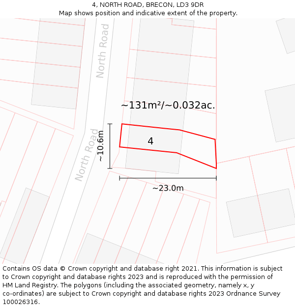4, NORTH ROAD, BRECON, LD3 9DR: Plot and title map