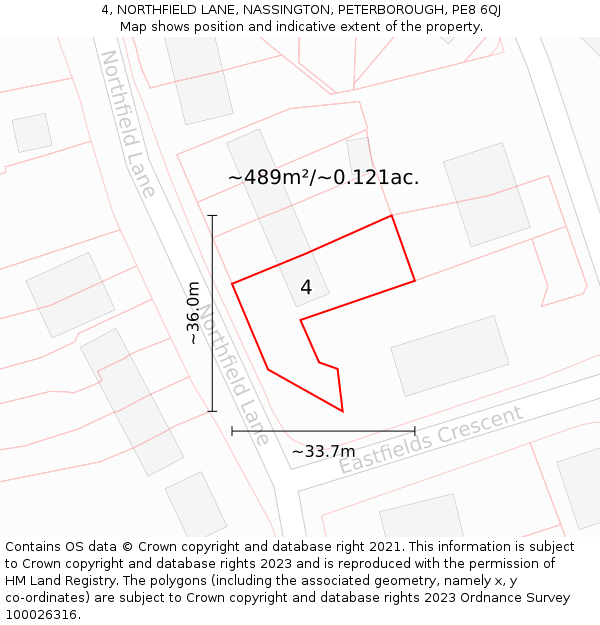 4, NORTHFIELD LANE, NASSINGTON, PETERBOROUGH, PE8 6QJ: Plot and title map