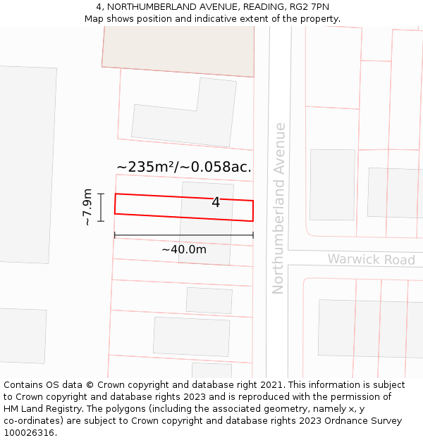 4, NORTHUMBERLAND AVENUE, READING, RG2 7PN: Plot and title map