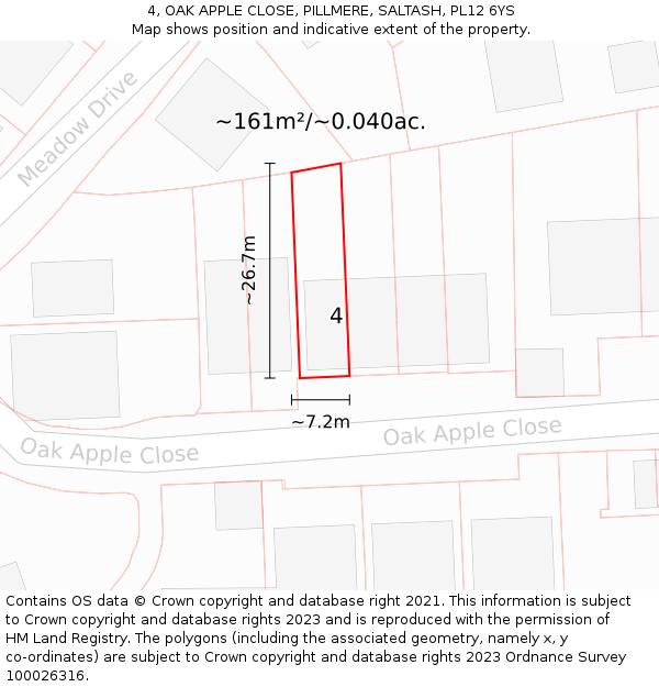 4, OAK APPLE CLOSE, PILLMERE, SALTASH, PL12 6YS: Plot and title map