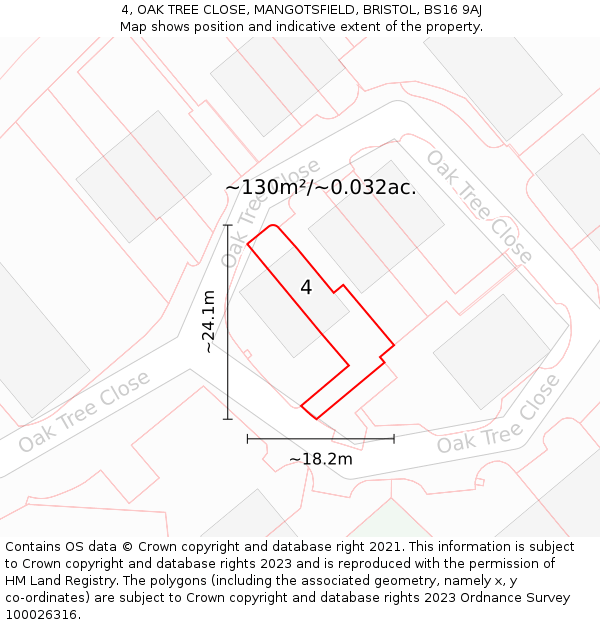 4, OAK TREE CLOSE, MANGOTSFIELD, BRISTOL, BS16 9AJ: Plot and title map