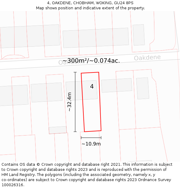 4, OAKDENE, CHOBHAM, WOKING, GU24 8PS: Plot and title map