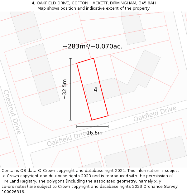 4, OAKFIELD DRIVE, COFTON HACKETT, BIRMINGHAM, B45 8AH: Plot and title map