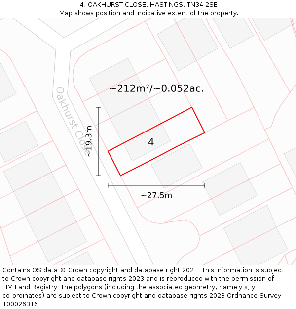 4, OAKHURST CLOSE, HASTINGS, TN34 2SE: Plot and title map