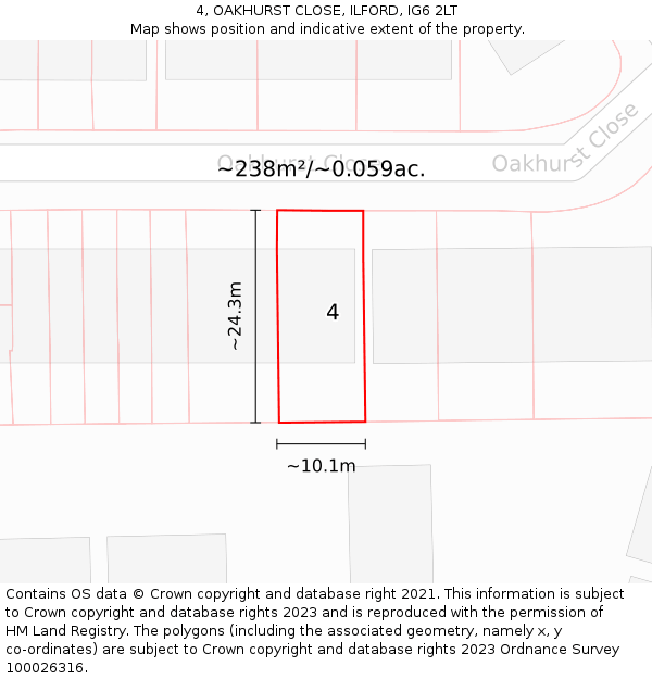 4, OAKHURST CLOSE, ILFORD, IG6 2LT: Plot and title map