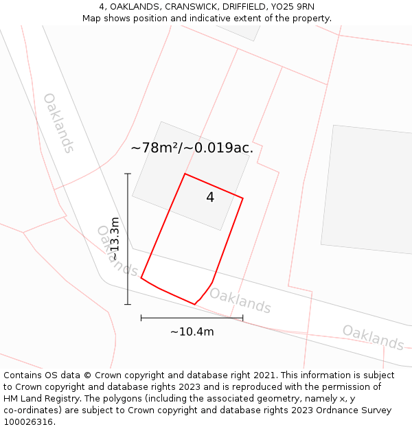4, OAKLANDS, CRANSWICK, DRIFFIELD, YO25 9RN: Plot and title map
