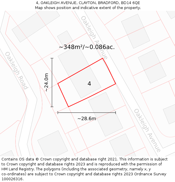 4, OAKLEIGH AVENUE, CLAYTON, BRADFORD, BD14 6QE: Plot and title map