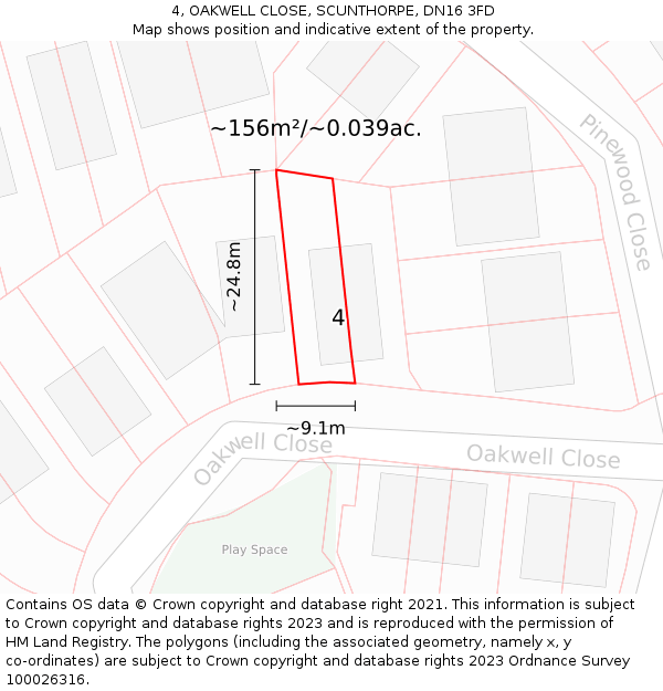 4, OAKWELL CLOSE, SCUNTHORPE, DN16 3FD: Plot and title map