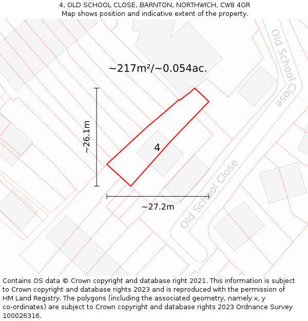 4, OLD SCHOOL CLOSE, BARNTON, NORTHWICH, CW8 4GR: Plot and title map