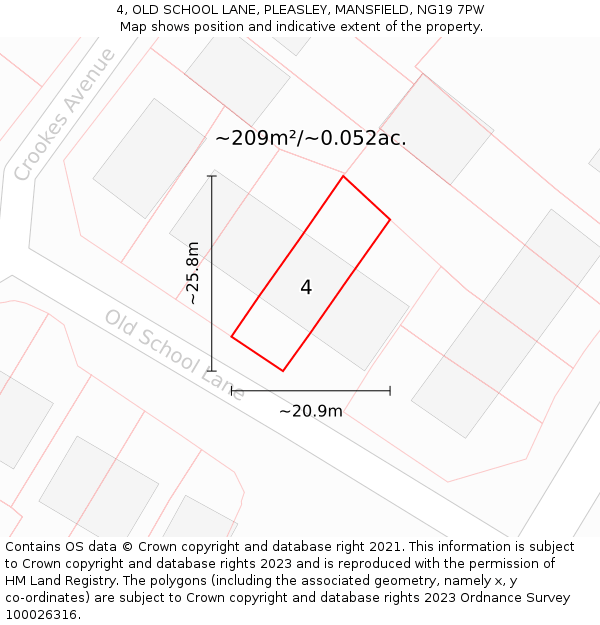 4, OLD SCHOOL LANE, PLEASLEY, MANSFIELD, NG19 7PW: Plot and title map