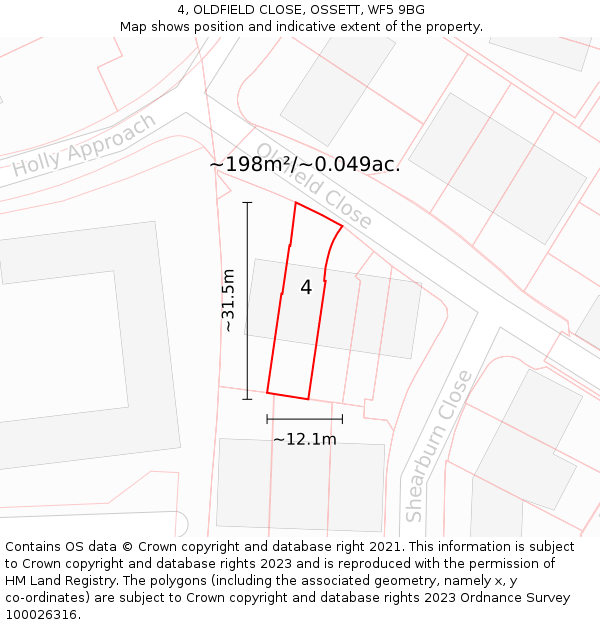 4, OLDFIELD CLOSE, OSSETT, WF5 9BG: Plot and title map