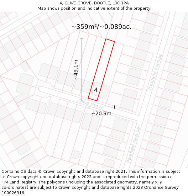 4, OLIVE GROVE, BOOTLE, L30 1PA: Plot and title map