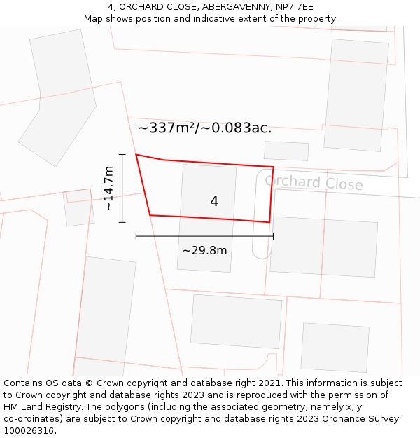 4, ORCHARD CLOSE, ABERGAVENNY, NP7 7EE: Plot and title map