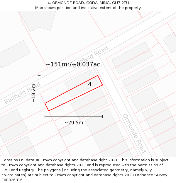 4, ORMONDE ROAD, GODALMING, GU7 2EU: Plot and title map