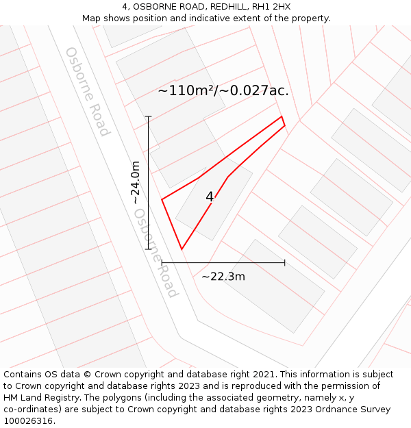 4, OSBORNE ROAD, REDHILL, RH1 2HX: Plot and title map