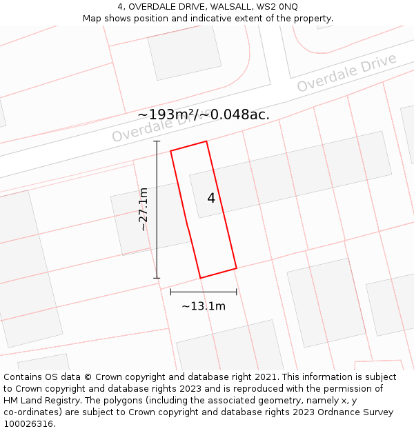 4, OVERDALE DRIVE, WALSALL, WS2 0NQ: Plot and title map