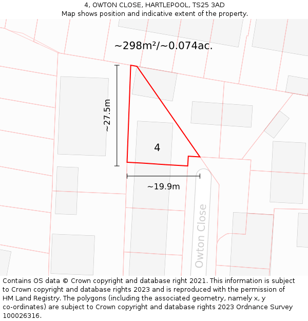 4, OWTON CLOSE, HARTLEPOOL, TS25 3AD: Plot and title map