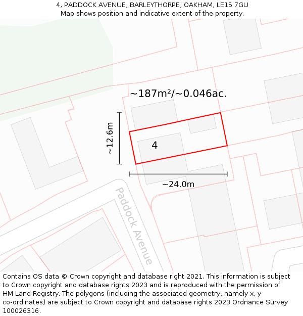 4, PADDOCK AVENUE, BARLEYTHORPE, OAKHAM, LE15 7GU: Plot and title map