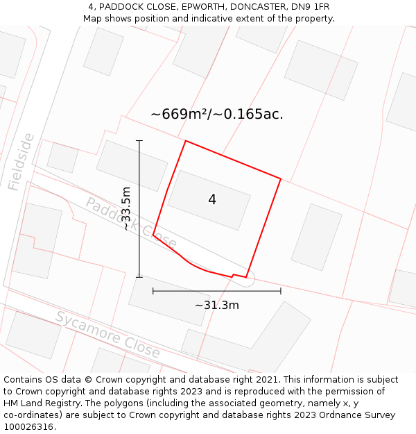 4, PADDOCK CLOSE, EPWORTH, DONCASTER, DN9 1FR: Plot and title map