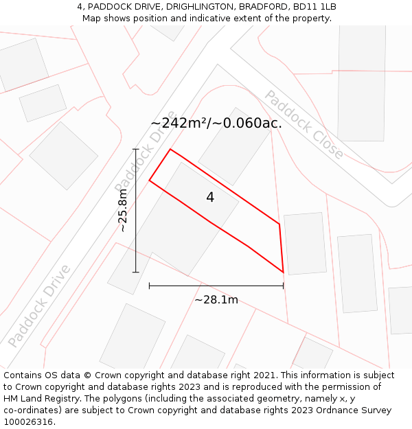 4, PADDOCK DRIVE, DRIGHLINGTON, BRADFORD, BD11 1LB: Plot and title map