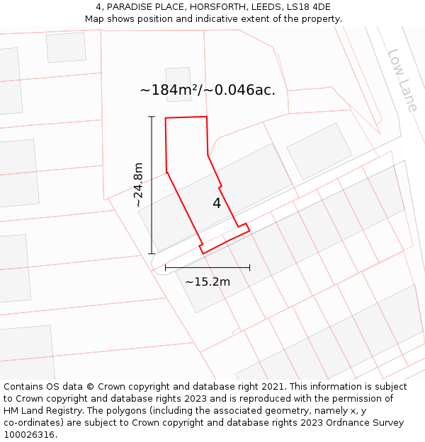 4, PARADISE PLACE, HORSFORTH, LEEDS, LS18 4DE: Plot and title map