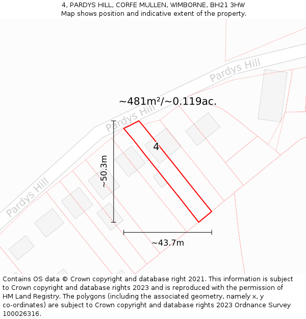 4, PARDYS HILL, CORFE MULLEN, WIMBORNE, BH21 3HW: Plot and title map