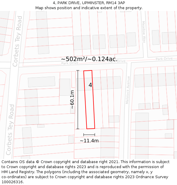 4, PARK DRIVE, UPMINSTER, RM14 3AP: Plot and title map