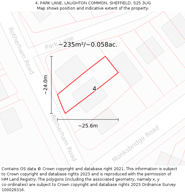 4, PARK LANE, LAUGHTON COMMON, SHEFFIELD, S25 3UG: Plot and title map